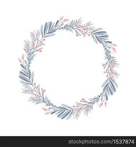 Christmas vector wreath and red berries on evergreen branches with place for text. Isolated xmas illustration for greeting card.. Christmas vector wreath and red berries on evergreen branches with place for text. Isolated xmas illustration for greeting card