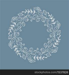 Christmas vector wreath with flowers and cone branches with place for text. Isolated xmas illustration for greeting card, poster and web.. Christmas vector wreath with flowers and cone branches with place for text. Isolated xmas illustration for greeting card, poster and web