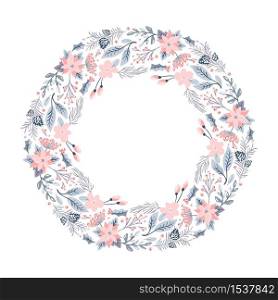 Christmas vector wreath with pink flowers and cone branches with place for text. Isolated xmas illustration for greeting card, poster and web.. Christmas vector wreath with pink flowers and cone branches with place for text. Isolated xmas illustration for greeting card, poster and web
