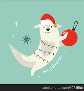 Christmas vintage card, design with cute holiday otter. Vector festive illustration.. Christmas vintage card with cute holiday otter.
