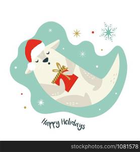 Christmas vintage card with cute holiday otter in Santa hat holding a gift. Vector festive illustration. Character design. Christmas card with holiday otter in Santa hat