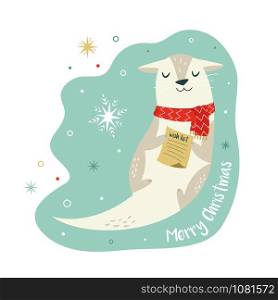 Christmas vintage card with cute holiday otter in Santa hat holding a wish list. Vector festive illustration. Character design. Christmas vintage card with cute holiday otter
