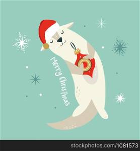 Christmas vintage card with cute holiday otter in Santa hat. Vector festive illustration. Character design. Christmas vintage card with cute holiday otter