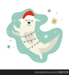 Christmas vintage card with cute holiday otter in Santa hat. Vector festive illustration. Character design. Christmas card with holiday otter in Santa hat