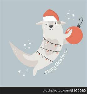 Christmas vintage card with cute holiday otter in Santa hat. Vector festive illustration. Character design