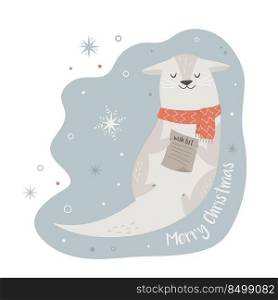 Christmas vintage card with cute holiday otter in Santa hat. Vector festive illustration. Character design