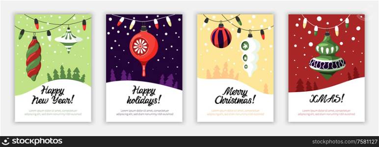Christmas vintage retro toys poster set with four isolated vertical backgrounds with text and christmas balls vector illustration