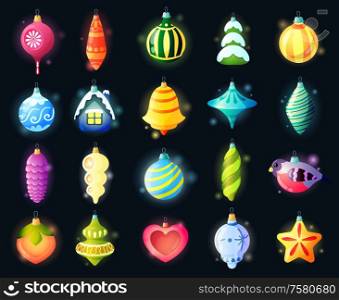 Christmas vintage retro toys set for christmas tree decoration with isolated images of festive hanging balls vector illustration