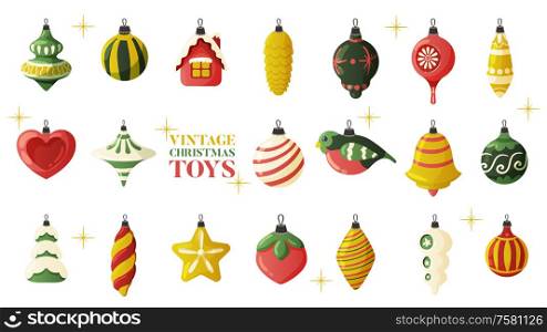 Christmas vintage retro toys set with isolated colourful images of christmas balls decorations of various shape vector illustration
