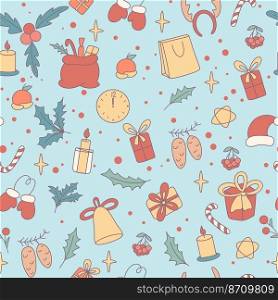 Christmas vintage seamless pattern. Background with New Year and Christmas attributes. Festive traditional retro illustration for textile, packaging, paper and design vector