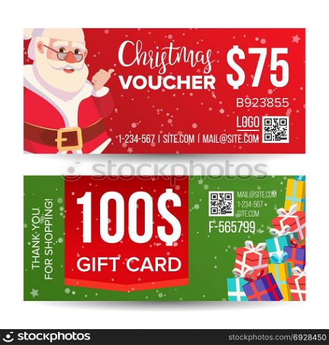 Christmas Voucher Design Vector. Horizontal Discount. Merry Christmas. Santa Claus And Gifts. Winter Advertisement. Marketing Illustration. Voucher Coupon Template Vector. Horizontal Leaflet Offer. Merry Christmas. Happy New Year. Santa Claus And Gifts. Promotion Advertisement. Free Gift Illustration