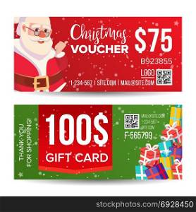 Christmas Voucher Design Vector. Horizontal Discount. Merry Christmas. Santa Claus And Gifts. Winter Advertisement. Marketing Illustration. Voucher Coupon Template Vector. Horizontal Leaflet Offer. Merry Christmas. Happy New Year. Santa Claus And Gifts. Promotion Advertisement. Free Gift Illustration
