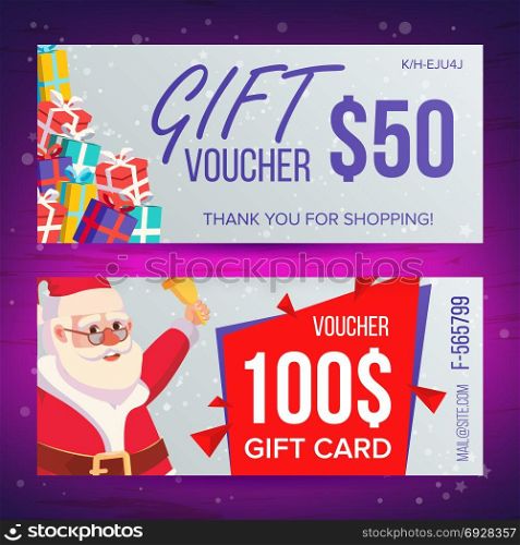 Christmas Voucher Template Vector. Horizontal Card. Happy New Year. Santa Claus And Gifts. Holidays Advertisement. Gift Certificate Illustration. Christmas Voucher Design Vector. Horizontal Discount. Merry Christmas. Santa Claus And Gifts. Winter Advertisement. Marketing Illustration