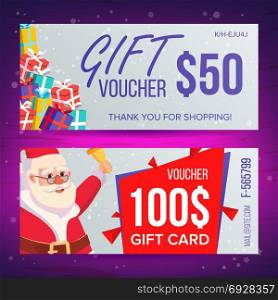 Christmas Voucher Template Vector. Horizontal Card. Happy New Year. Santa Claus And Gifts. Holidays Advertisement. Gift Certificate Illustration. Christmas Voucher Design Vector. Horizontal Discount. Merry Christmas. Santa Claus And Gifts. Winter Advertisement. Marketing Illustration