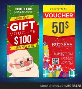 Christmas Voucher Template Vector. Vertical Card. Happy New Year. Santa Claus And Gifts. Holidays Advertisement. Gift Certificate Illustration. Voucher Coupon Template Vector. Vertical Leaflet Offer. Merry Christmas. Happy New Year. Santa Claus And Gifts. Promotion Advertisement. Free Gift Illustration