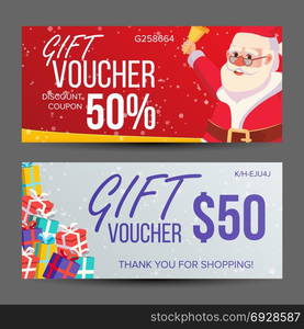 Christmas Voucher Vector. Horizontal Banner. Merry Christmas. Santa Claus And Gifts. End Of The Year Advertisement. Cute Gift Illustration. Christmas Voucher Template Vector. Horizontal Card. Happy New Year. Santa Claus And Gifts. Holidays Advertisement. Gift Certificate Illustration