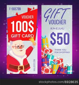 Christmas Voucher Vector. Vertical Banner. Merry Christmas. Santa Claus And Gifts. End Of The Year Advertisement. Cute Gift Illustration. Christmas Voucher Template Vector. Vertical Card. Happy New Year. Santa Claus And Gifts. Holidays Advertisement. Gift Certificate Illustration