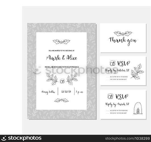 Christmas wedding invitation or card with floral background. Greeting postcard hand drawn style. Vector illustration. Christmas wedding invitation card
