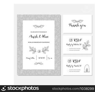 Christmas wedding invitation or card with floral background. Greeting postcard hand drawn style. Vector illustration. Christmas wedding invitation card