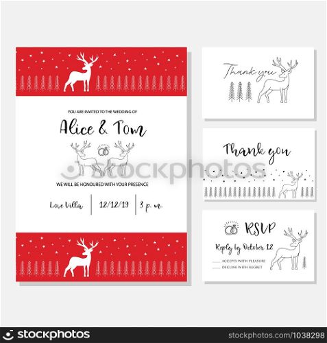 Christmas wedding invitation or card with red background. Greeting postcard hand drawn style. Vector illustration. Christmas wedding invitation card