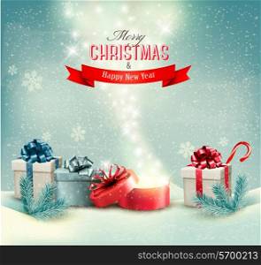 Christmas winter background with presents and open magic box Vector