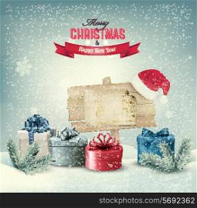 Christmas winter background with presents and wooden board. Vector.