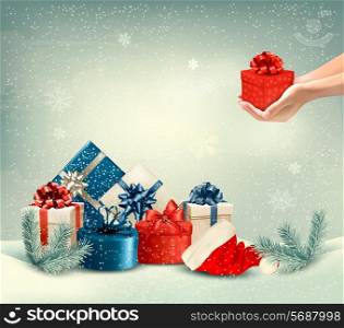 Christmas winter background with presents. Vector.