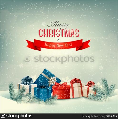 Christmas winter background with presents. Vector.