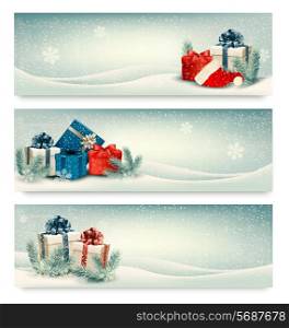 Christmas winter banners with presents. Vector.