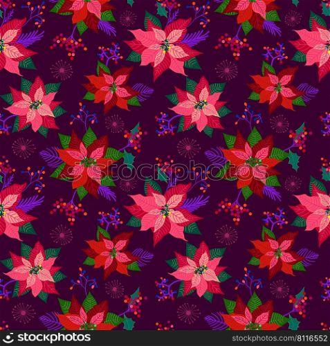 Christmas, winter floral pattern, red poinsettia flower, leaves.  Merry Christmas, happy new year, winter seamless pattern. Floral decorative dark background