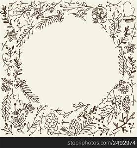 Christmas winter floral sketch template with tree twigs cones mitten and stars on gray background vector illustration. Christmas Winter Floral Sketch Template