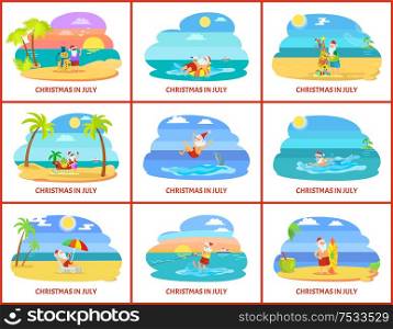 Christmas winter holiday celebrating in summer vector. Santa Claus character with presents and gifts in form of tree, surfing board and palm trees. Christmas Winter Holiday Celebrating in Summer