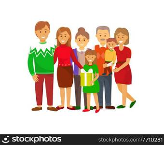Christmas winter holiday celebration of people vector. Family gathered together to celebrate, mother and father, grandparents with small grandchildren. Christmas Winter Holiday Celebration of People