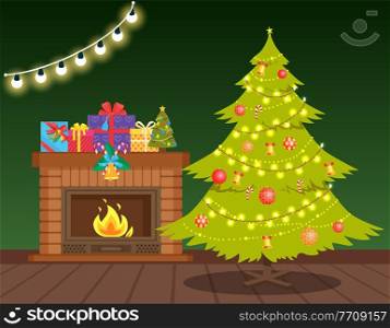 Christmas winter holiday, decoration of house vector, Garlands and baubles, presents and gifts with boxes and wrapping. Bell with lollipop sticks sweets. Christmas Winter Holiday, Decoration of House