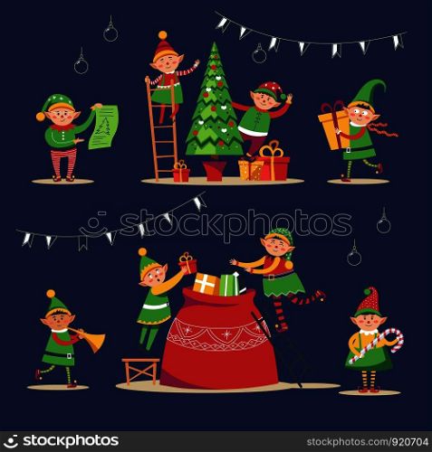 Christmas winter holiday, elves getting ready for holiday vector. Children, santa claus helpers gathering presents into sack and decorating evergreen pine tree. Gifts with wrapped paper and ribbons. Christmas winter holiday, elves getting ready for holiday vector.