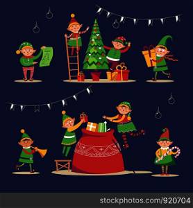 Christmas winter holiday, elves getting ready for holiday vector. Children, santa claus helpers gathering presents into sack and decorating evergreen pine tree. Gifts with wrapped paper and ribbons. Christmas winter holiday, elves getting ready for holiday vector.