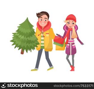 Christmas winter holiday preparation of couple vector. Man and woman returning home with bought pine tree, male carrying fir and female with bags. Christmas Winter Holiday Preparation of Couple