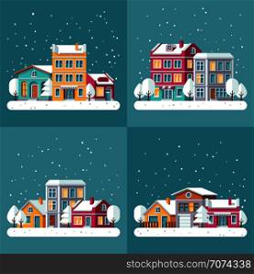 Christmas winter holiday vector backgrounds set with town streets. Winter town landscape, house village building in snow illustration. Christmas winter holiday vector backgrounds set with town streets