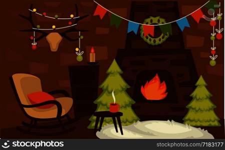 Christmas winter holidays, furniture and interior of rooms vector. Apartment with pictures on wall, chairs and tables, fireplace with wreath and socks. Presents and gift boxes, celebration. Christmas winter holidays, furniture and interior of rooms vector.