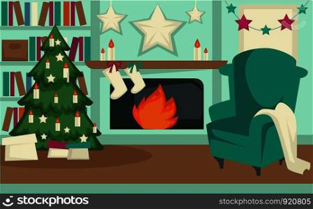 Christmas winter holidays, furniture and interior of rooms vector. Apartment with pictures on wall, chairs and tables, fireplace with wreath and socks. Presents and gift boxes, celebration. Christmas winter holidays, furniture and interior of rooms vector.