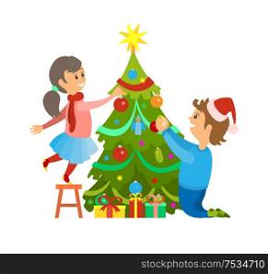 Christmas winter holidays preparation decoration vector. Family father and daughter decorating pine tree with garlands star and baubles. Presents gift. Christmas Winter Holidays Preparation Decoration