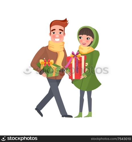 Christmas winter holidays preparation shopping vector. Couple man and woman shoppers holding presents boxes bought on sale. Gift exchanging tradition. Christmas Winter Holidays Preparation Shopping