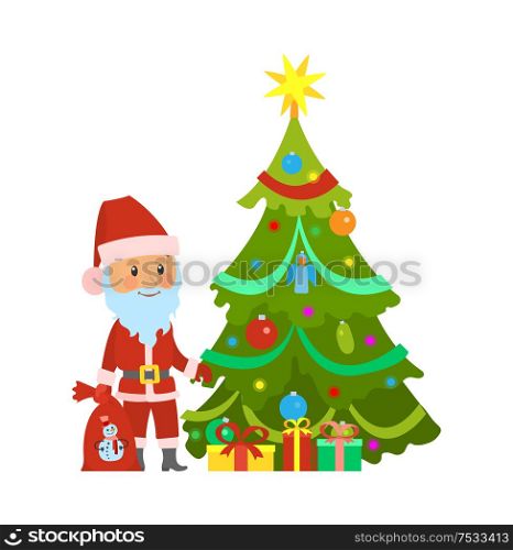 Christmas winter holidays, Santa Claus and decorated pine tree vector. Fir with garlands baubles, character holding sack with presents for children. Christmas Winter Holidays, Santa Claus and Tree
