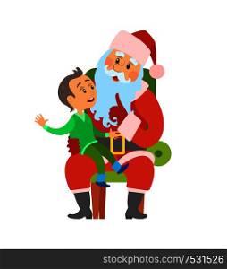 Christmas winter holidays, Santa Claus and kid sitting on his laps vector. Boy child making wish to Saint Nicholas. Elderly person with long beard. Christmas Winter Holidays, Santa Claus and Kid
