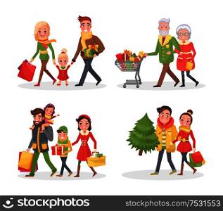 Christmas winter holidays shopping, people with bags vector. Family mother and father with children couple carrying pine tree. Pensioners pulling cart. Christmas Holidays Shopping, People with Bags