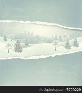 Christmas winter landscape background with ripped paper