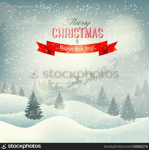 Christmas winter landscape background with santa sleigh. Vector.