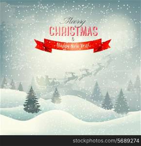 Christmas winter landscape background with santa sleigh. Vector.