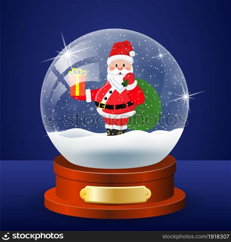 Christmas winter landscape globe with Santa Claus with gift bag inside vector illustration. Christmas winter landscape globe