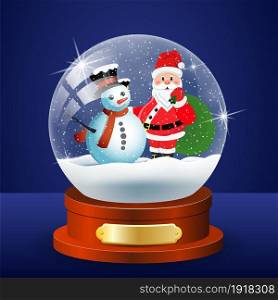 Christmas winter landscape globe with snowman and Santa Claus with gift bag inside vector illustration. Christmas winter landscape globe